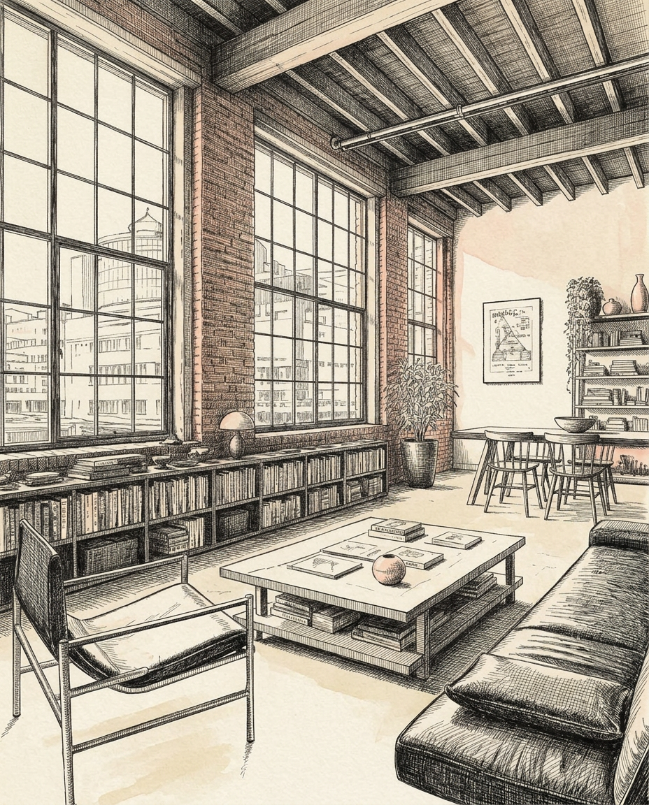 Creative loft floor with steel windows and high ceilings